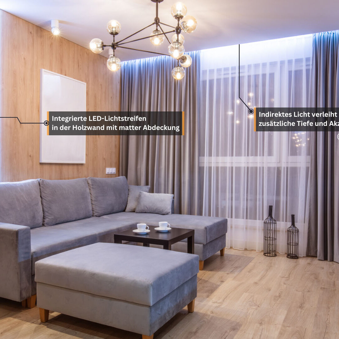 Wohnzimmer mit minimalistischem Beleuchtungskonzept, einschließlich vertikaler LED-Lichtstreifen in einer Holzwand, indirekter Beleuchtung unter dem TV-Schrank und entlang der Decke nahe der Fenstergardinen