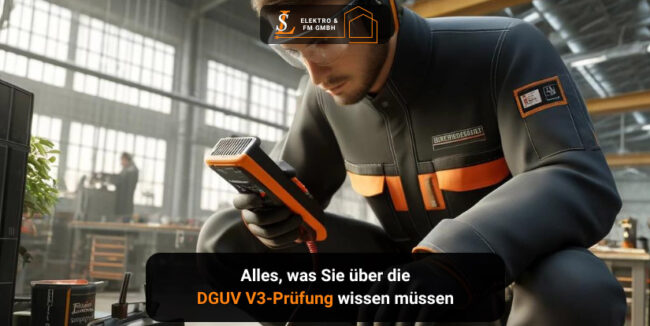 Elektriker führt DGUV V3 Prüfung mit Prüfgerät in Kundenwerkstatt durch