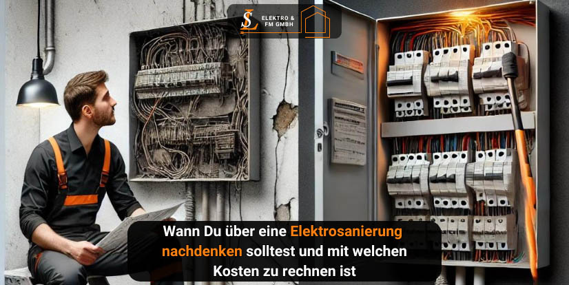 Ein Elektriker überprüft alte Kabel und modernisiert ein elektrisches Panel in einem Innenraum. Das Bild zeigt den Prozess der Elektrosanierung.