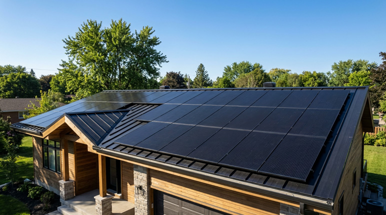 Moderne Photovoltaikanlage auf einem Hausdach mit Stromspeicher-Technik